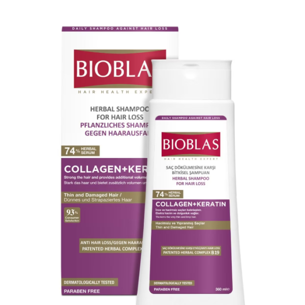 شامپو ضد ریزش مو بیوبلاس BIOBLAS مدل COLLAGEN+KERATIN حجم 360 میلی لیتر