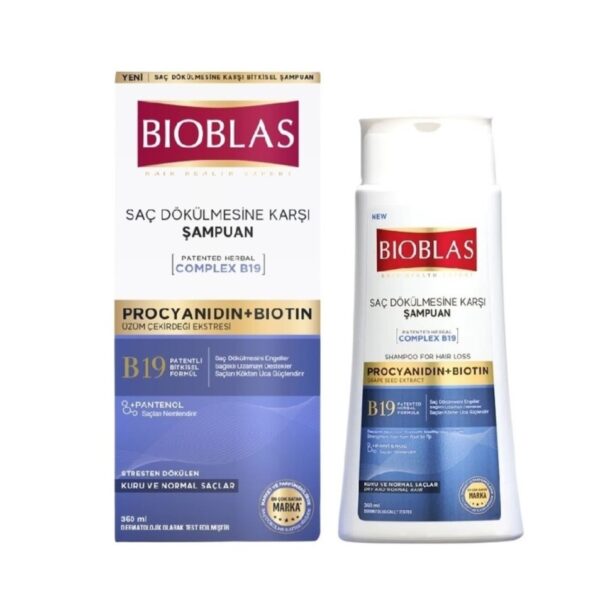 شامپو ضد ریزش مو بیوبلاس BIOBLAS مدل COMPLEX B19 (مو خشک و نرمال) حجم 360 میلی لیتر