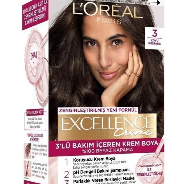 کیت رنگ مو لورال LOREAL سری EXCELLENCE CREME شماره 3 رنگ بلوطی تیره