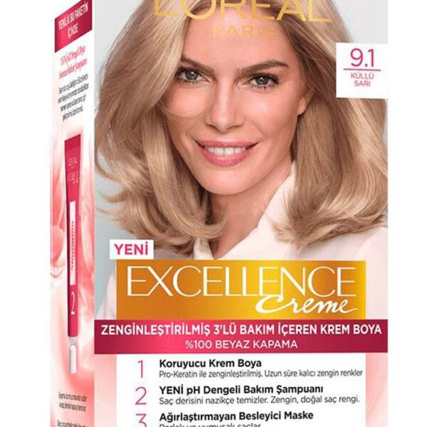 کیت رنگ مو لورال LOREAL سری EXCELLENCE CREME شماره 9.1 بلوند خاکستری خیلی روشن